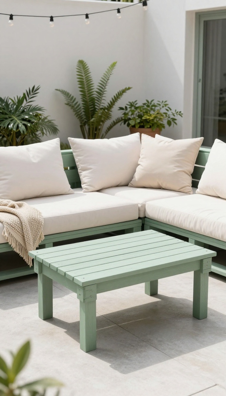 DIY pallet patio furniture styled with cushions and plants in a bright outdoor setting