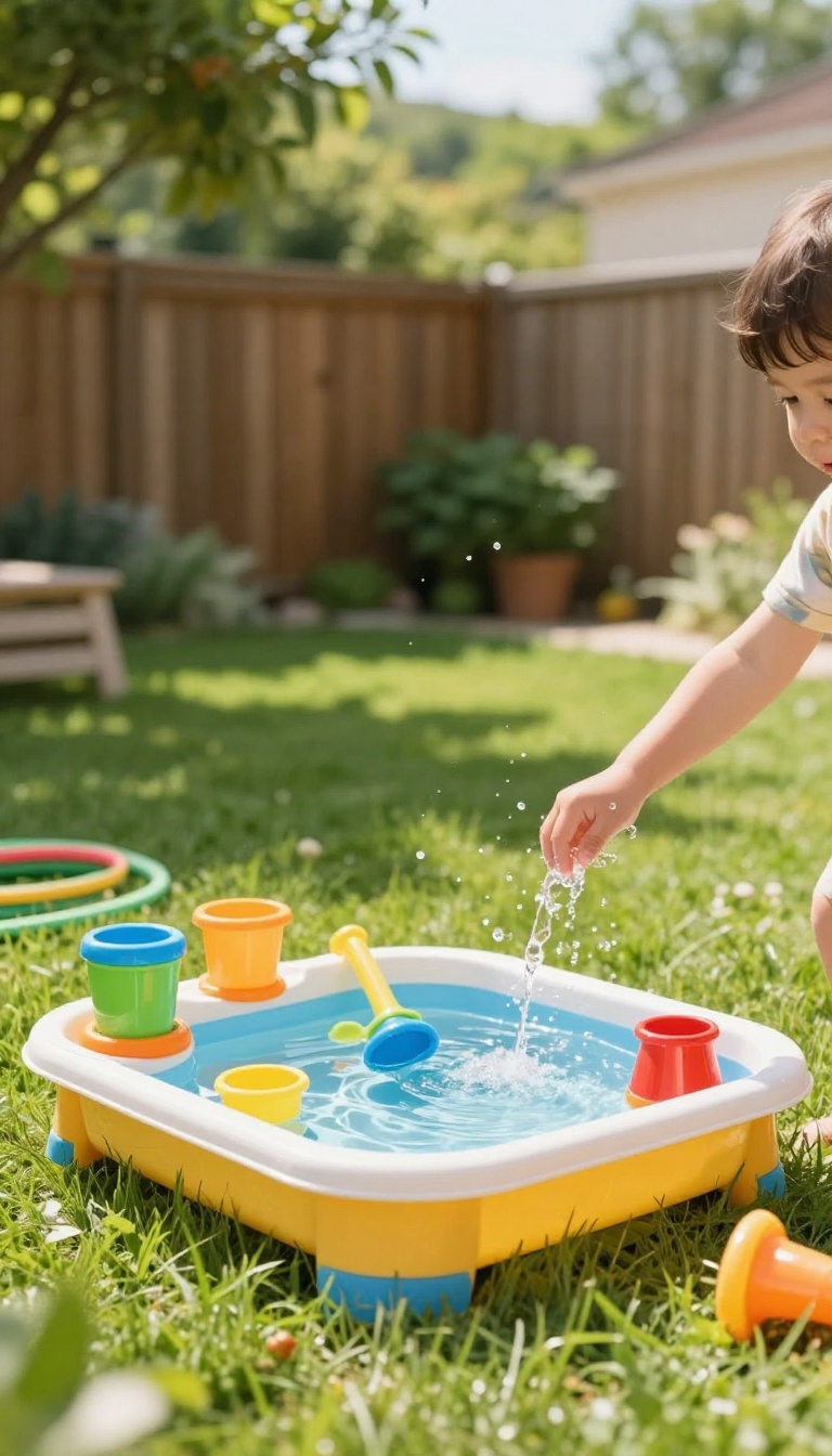 Kids water play station in a sunny backyard with a water table, cups, funnels, and floating toys on green grass