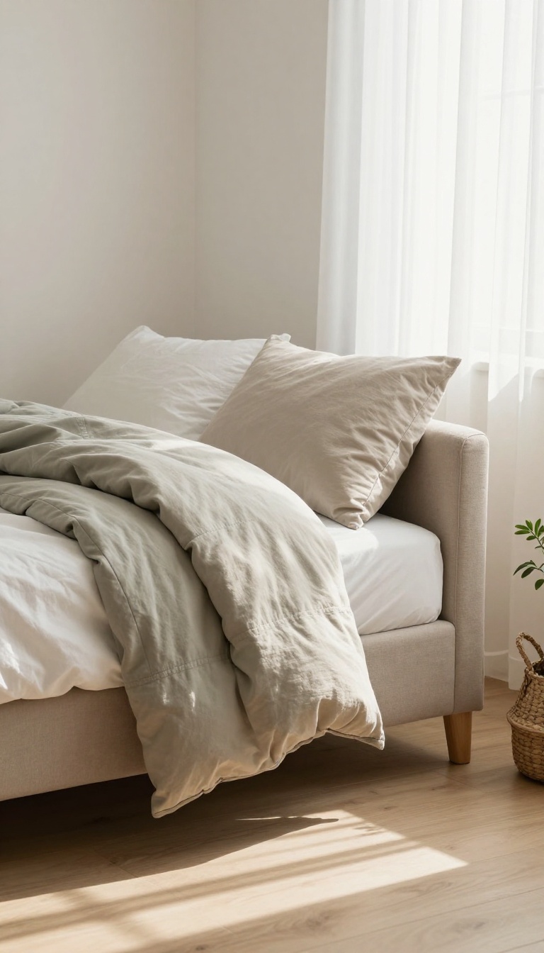 Cozy small bedroom corner with a neutral slipcovered armchair holding a folded hoodie and jeans beside a neatly made bed in soft natural light