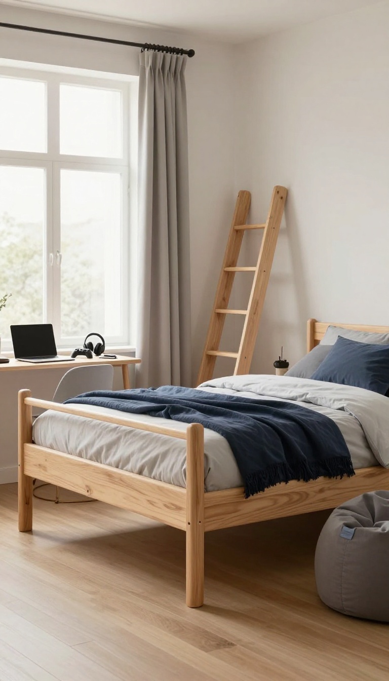 Small teen boy's bedroom with a loft bed creating open floor space for a desk and beanbag below