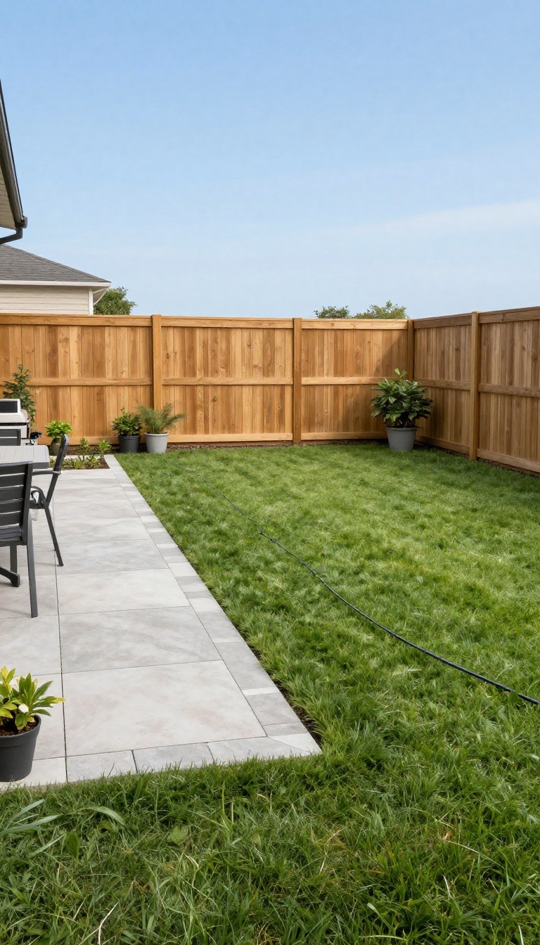 Backyard with a large lush lawn and a paved paver patio area featuring outdoor furniture and a grill, showing a balanced grass-to-paver ratio