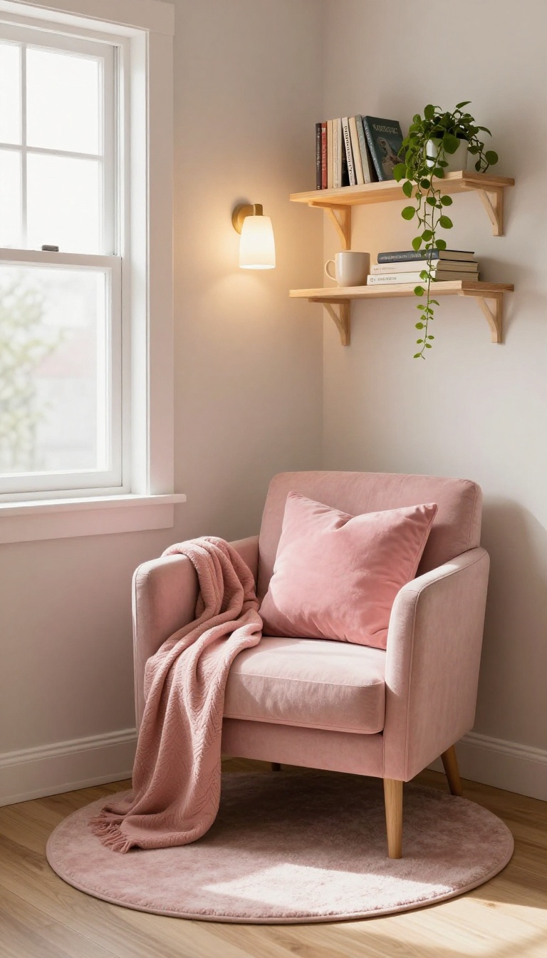 Cozy pink reading nook in the corner of a small bedroom with a blush armchair, soft pink throw, and warm wall sconce light