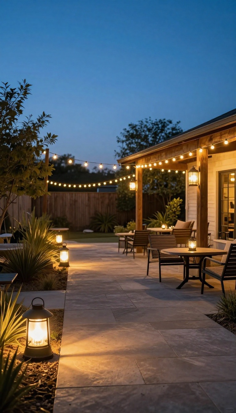 A Texas backyard patio at dusk glowing with cool LED string lights, path lights, and portable lanterns, creating a comfortable nighttime outdoor living space without added heat.