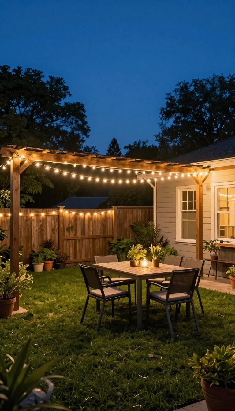 Backyard patio at dusk with warm white string lights zigzagging overhead between fence posts and a pergola, glowing above an outdoor dining table