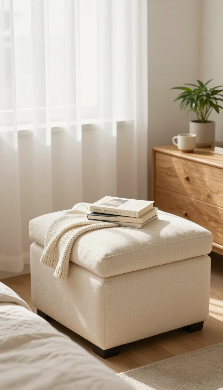 Cozy small bedroom corner with a cream cube storage ottoman chair, lid open to show a folded throw and books inside, beside a dresser under a bright window