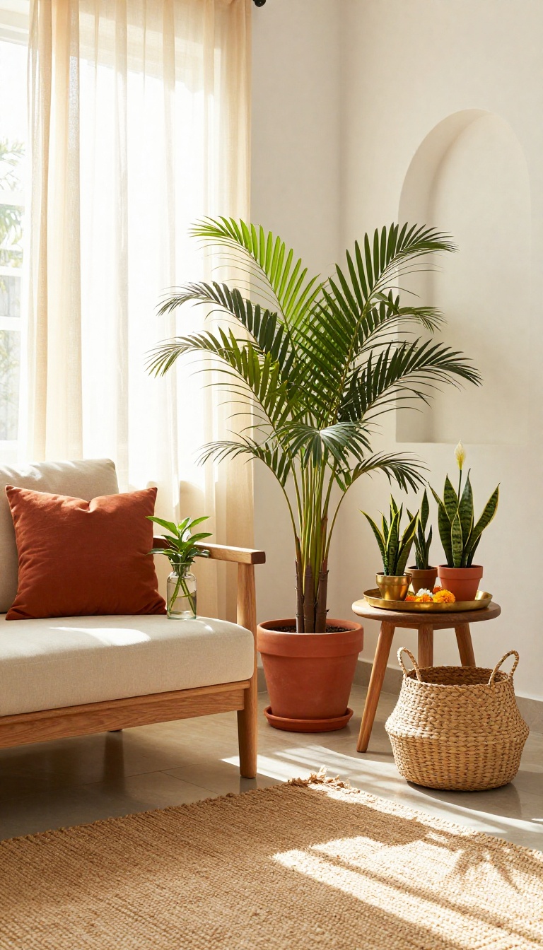 Bright Indian living room corner with an areca palm, money plant in a glass bottle, potted snake plants on a brass tray, and a brass urli with floating marigolds and jasmine