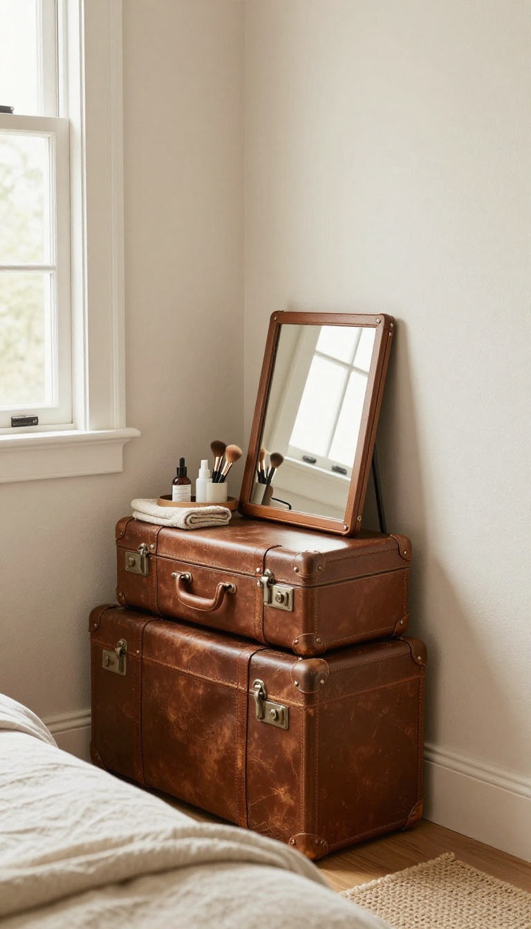 Vintage stacked suitcase vanity in a bright small bedroom corner with a mirror and tray of makeup