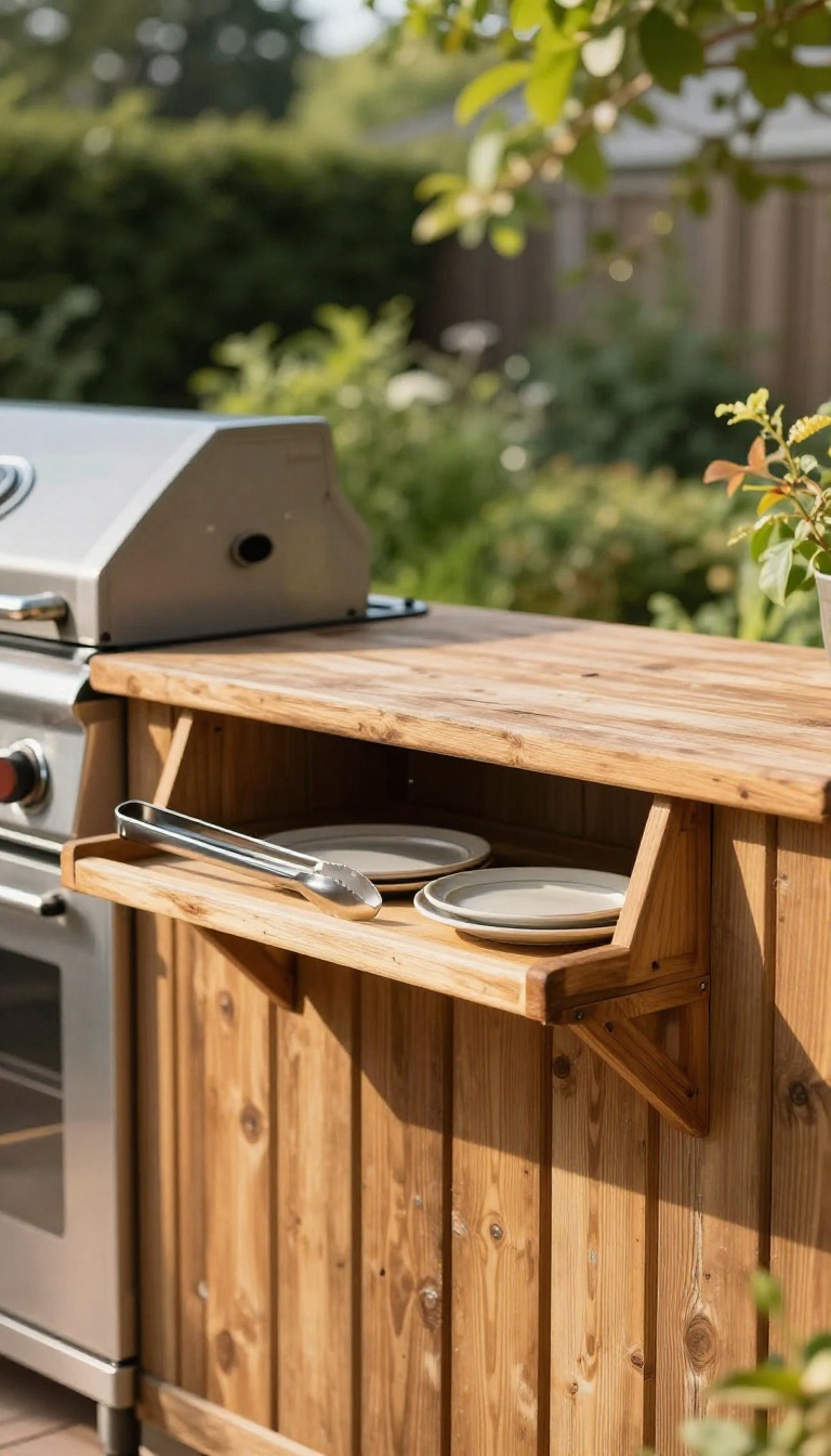Fold-down wooden bar shelf attached to a backyard fence next to a grill, holding drinks and plates in bright natural light
