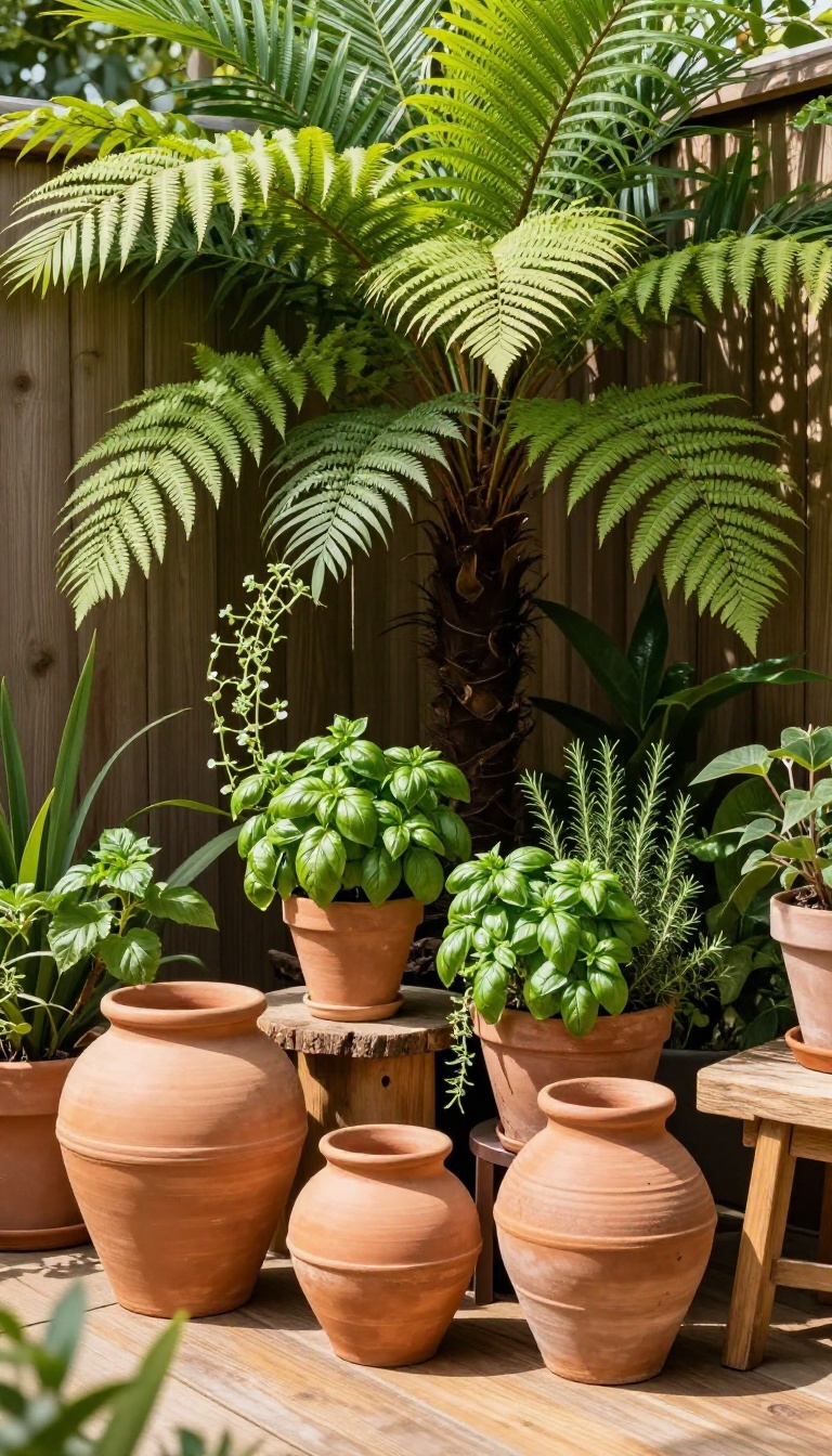 Patio with clustered potted plants in various heights and styles, creating a green, private oasis.