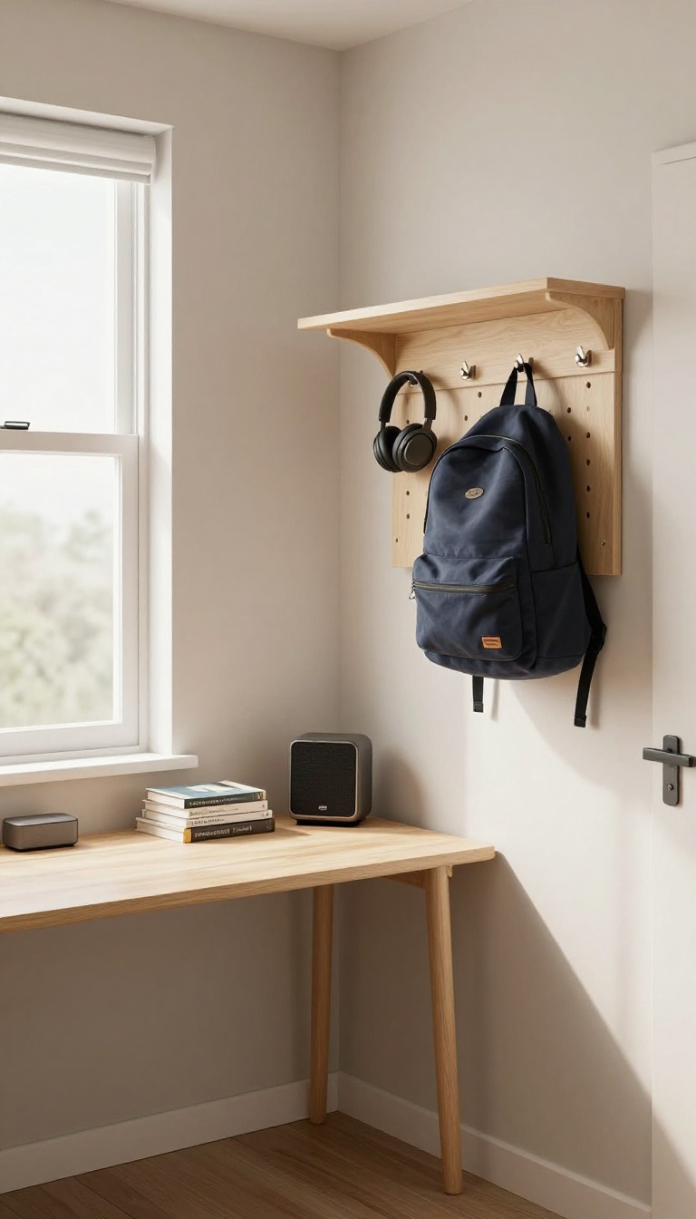 Small teen boy's bedroom with wall-mounted floating shelves and hooks above a desk, using vertical storage to save floor space