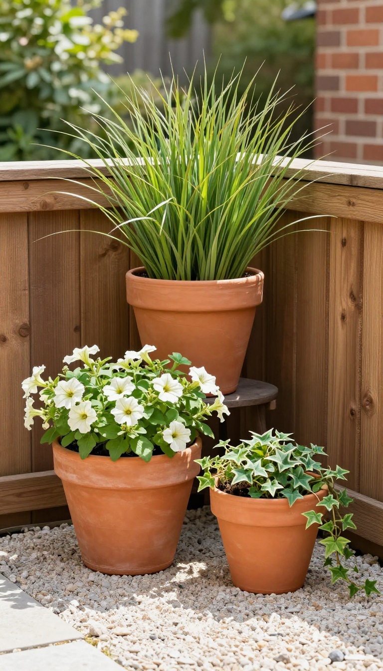 Three graduated terracotta pots with ornamental grass, petunias, and trailing ivy arranged in a sunny backyard corner