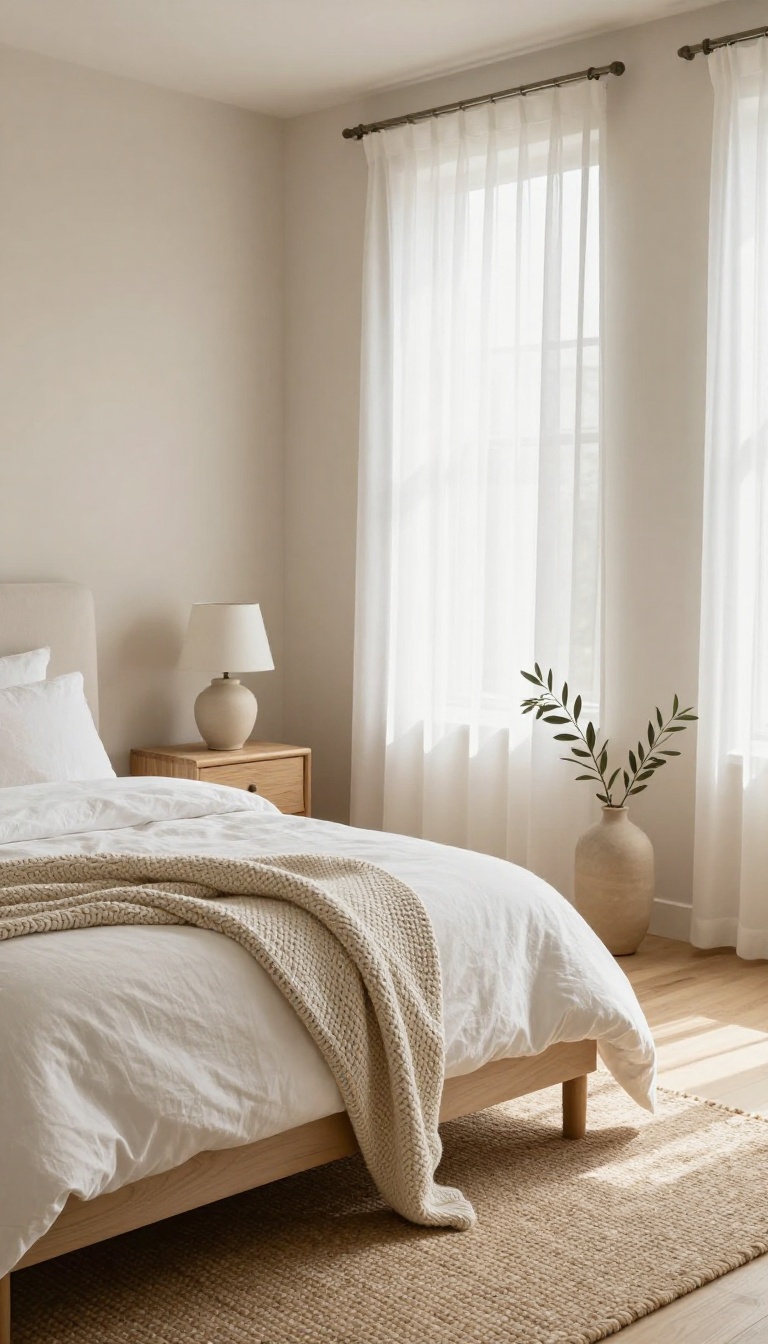 Neutral Pottery Barn style bedroom with ivory upholstered bed, white bedding, light wood nightstands, beige walls, and bright natural light