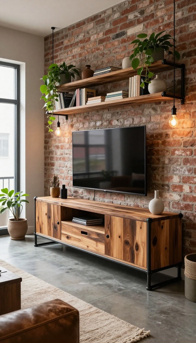 Industrial pipe and wood entertainment center with TV and open shelving in a loft-style living room with exposed brick and warm lighting.