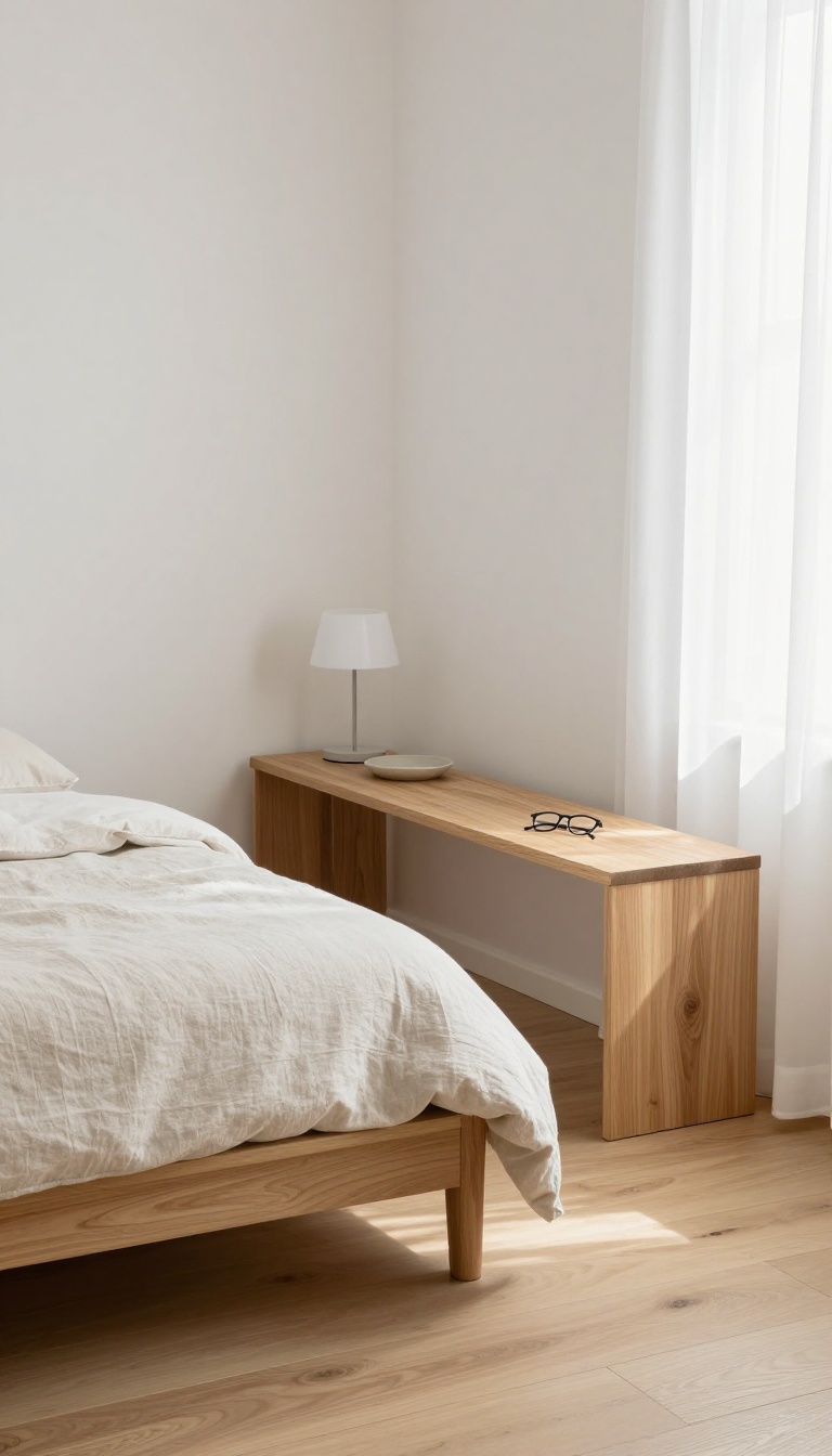 Small narrow bedroom with a slim floating wall-mounted console used in place of a nightstand beside a low bed