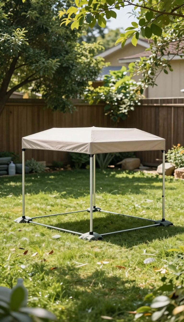 Pop-up canopy with vented top and weighted sandbag feet providing shade over a patio table and grill in a rented backyard