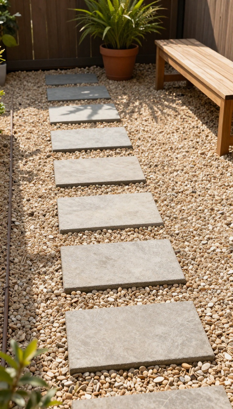 A backyard patio with a pea gravel floor, stepping stones, and a wooden bench under soft sunlight.