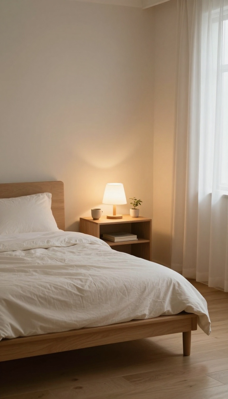 Calm small Korean-inspired bedroom at night with dim warm lamp light, a tidy low platform bed, and a clear nightstand