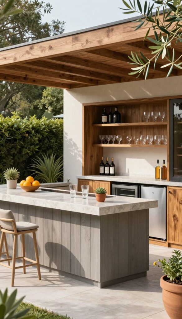 Covered patio with a built-in bar and serving station, featuring stone countertop, open shelving, and a mini-fridge, styled with glassware and plants.