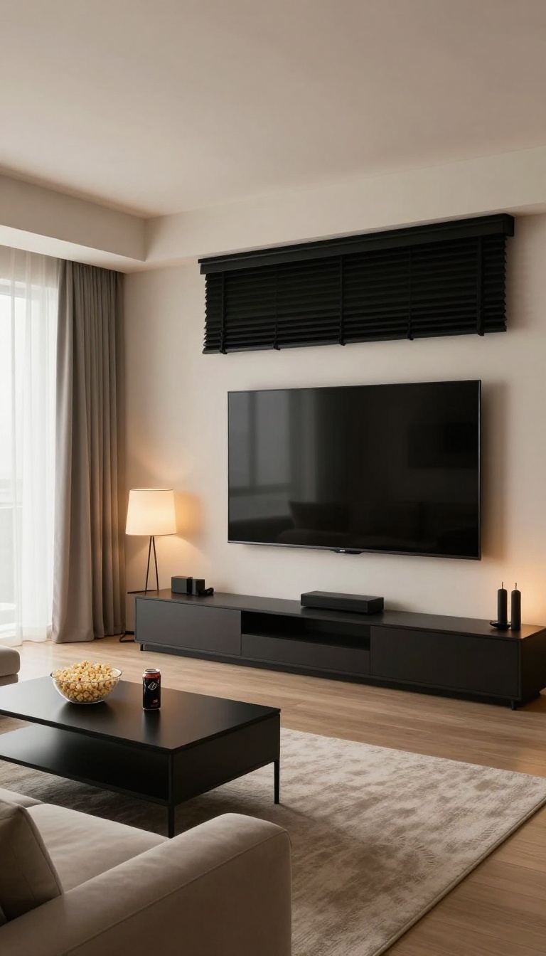 Modern living room with blackout blinds for a home theater setup