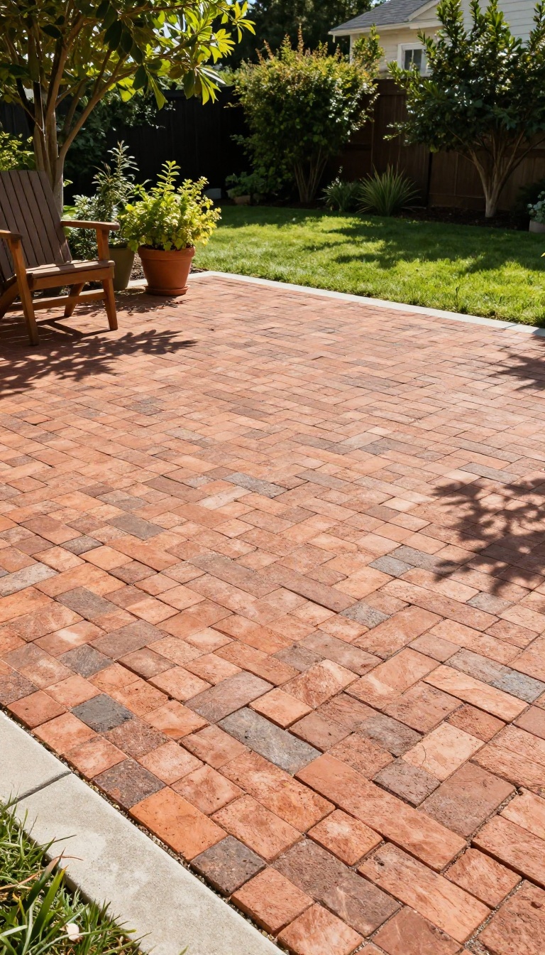 Herringbone brick paver patio in a sunny backyard with a crisp edge border and garden foliage