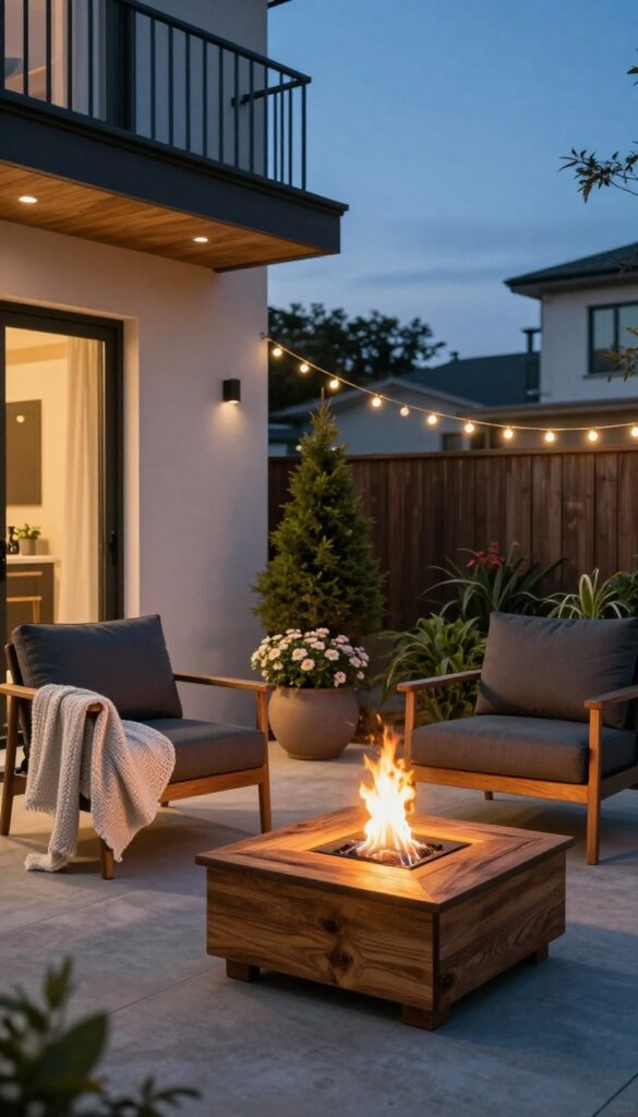 Cozy townhome patio with a tabletop fire pit, comfortable seating, and warm lighting for year-round enjoyment.