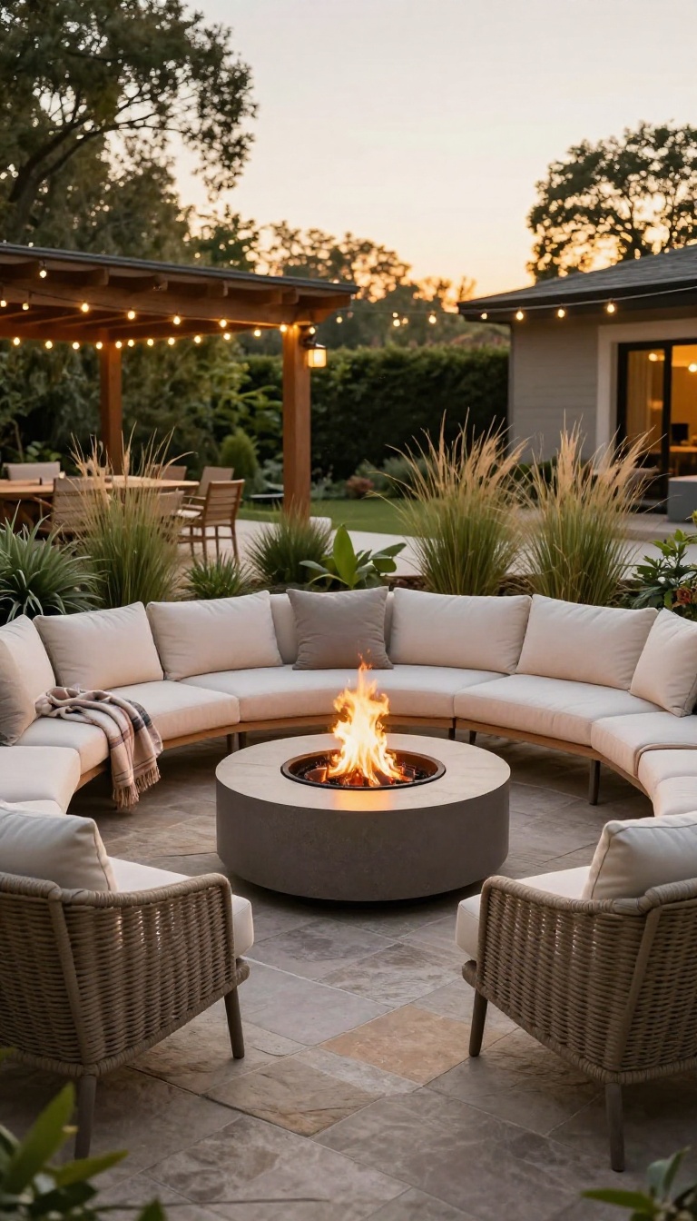 Cozy backyard patio with a glowing fire pit surrounded by circular seating and string lights at sunset