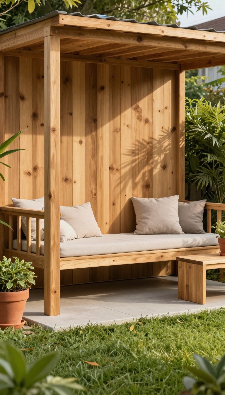 Freestanding cedar wood privacy screen in a sunny backyard with a cozy seating area behind it