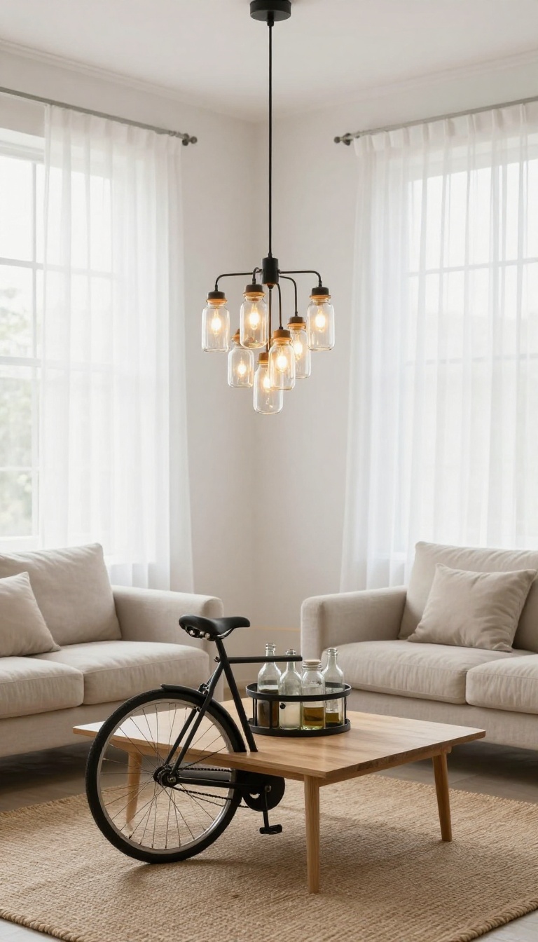 DIY chandelier made from a repurposed bicycle wheel and glass bottles hanging in a bright living room