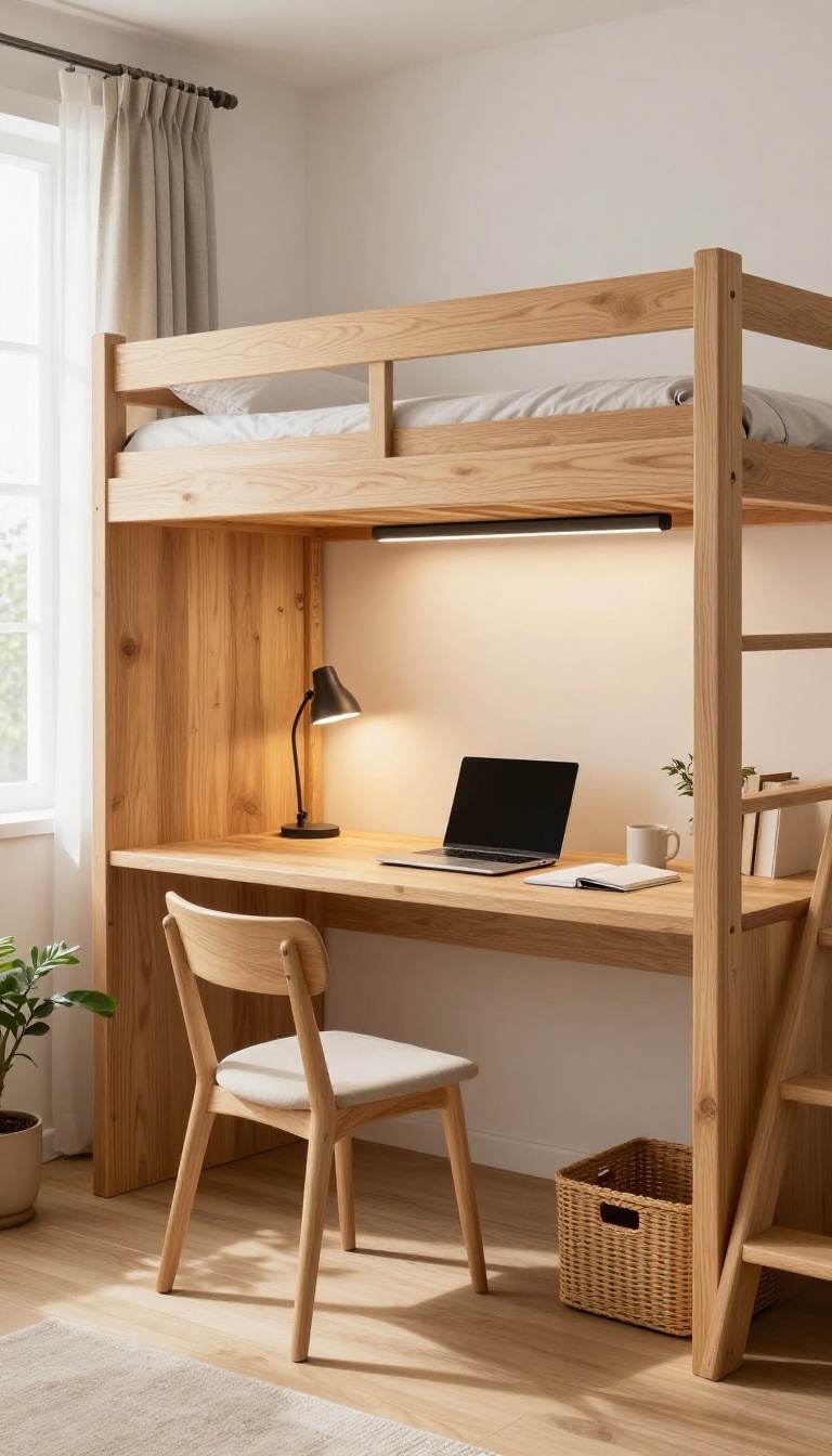 Bright loft bedroom with a built-in desk and LED lighting tucked beneath a raised bed to create a small home office nook