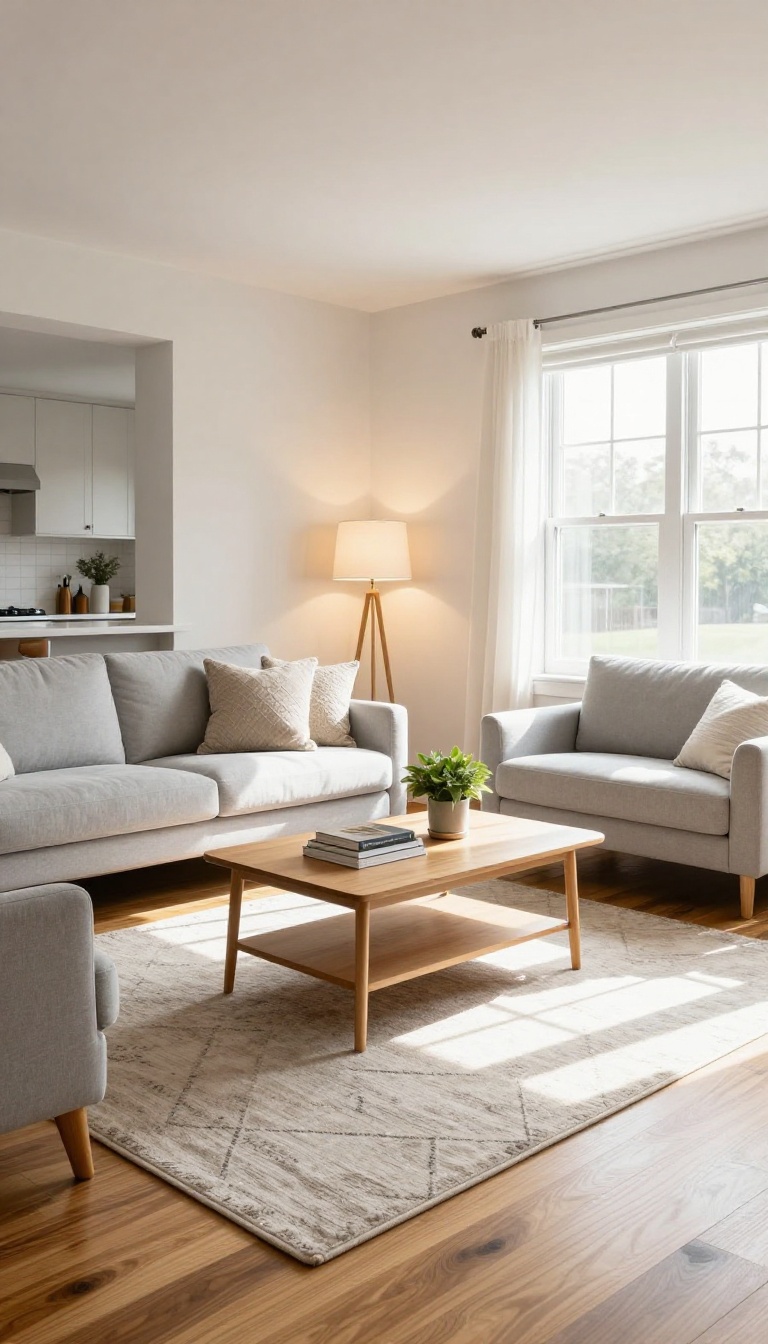 Small open-concept living room with a large area rug defining the seating zone on hardwood floors under bright natural light