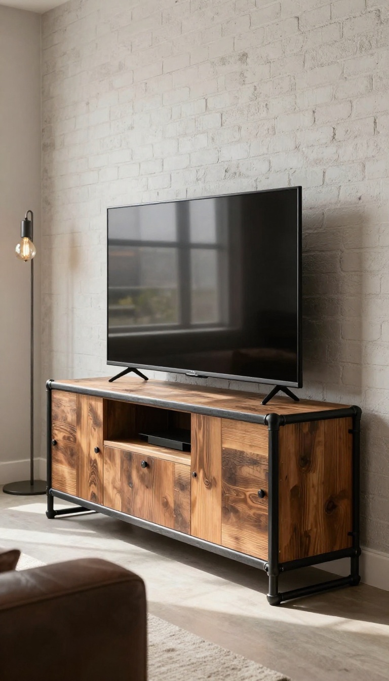 Industrial pipe and wood TV unit in a modern living room with brick wall and leather sofa