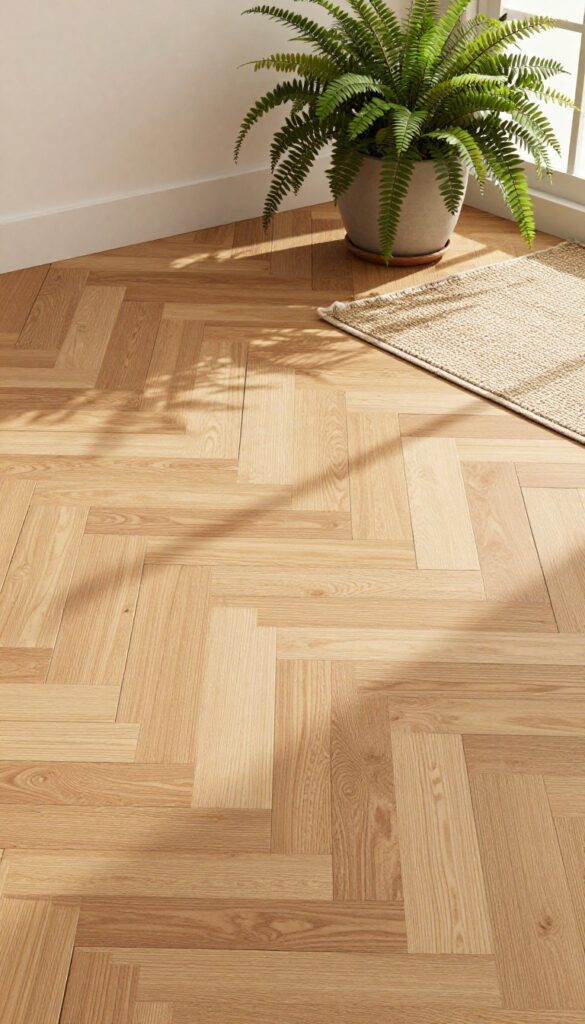 Patio floor made of wooden pallet deck tiles in a herringbone pattern, with warm natural tones and soft sunlight.