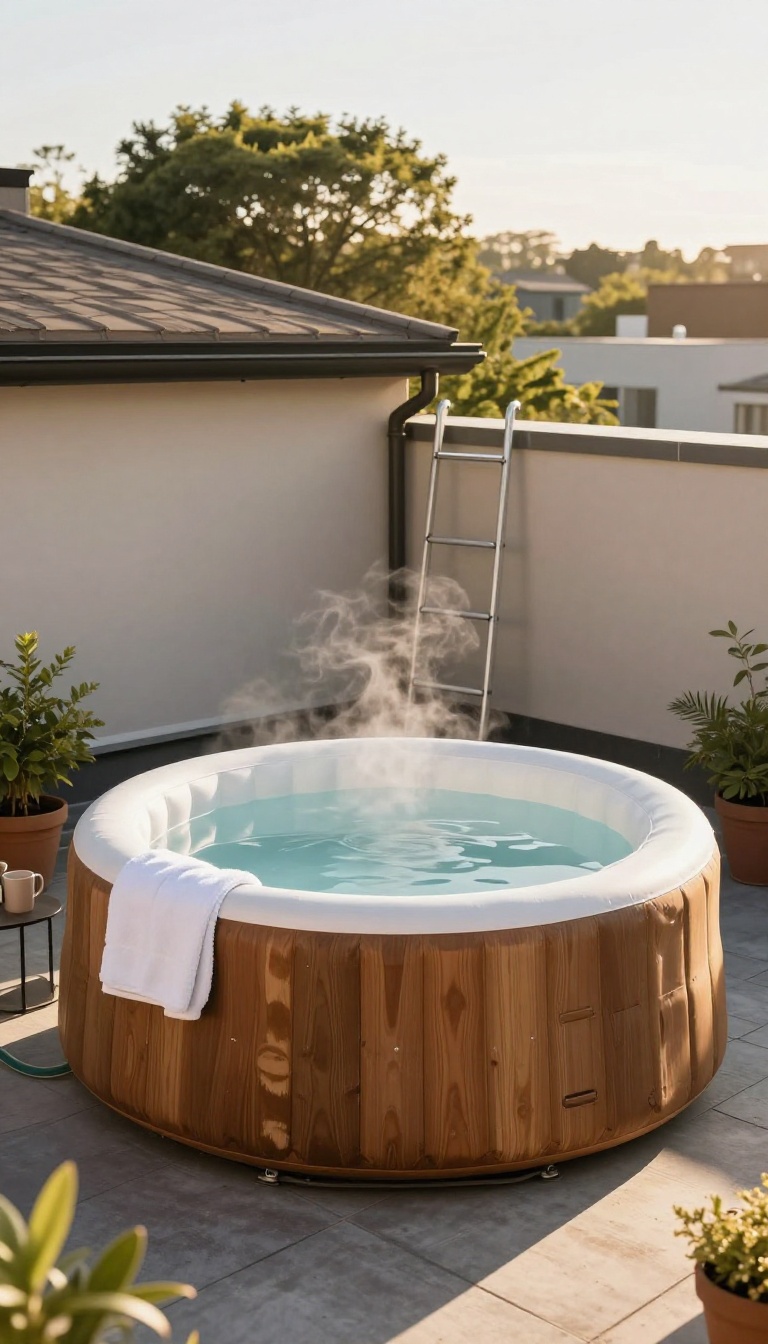 Inflatable hot tub set up on a flat rooftop platform with a ladder and hose drainage at golden hour