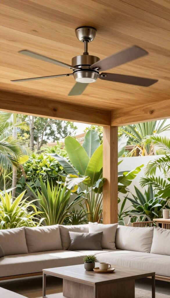 Covered patio with a ceiling fan and comfortable seating area