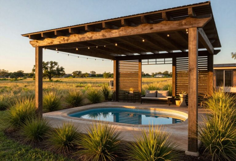 A shaded Texas backyard with a pergola, native plants, and a stock tank pool at sunset.