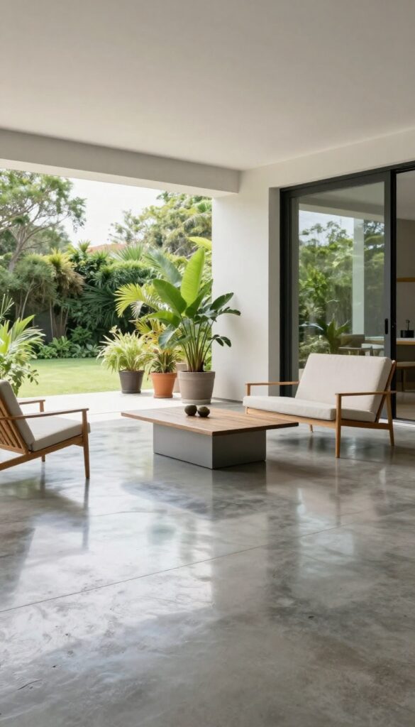 Modern patio with polished concrete floor, minimalist furniture, and seamless indoor-outdoor flow.