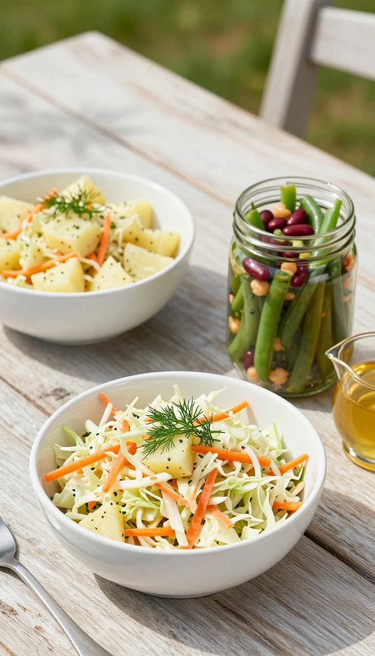 Three make-ahead BBQ side dishes—coleslaw, potato salad, and bean salad—styled on a rustic outdoor table in bright natural light
