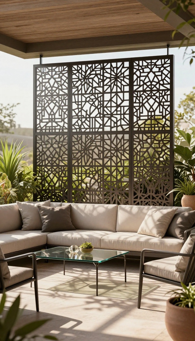 Decorative metal screen on a patio casting artistic shadows for privacy