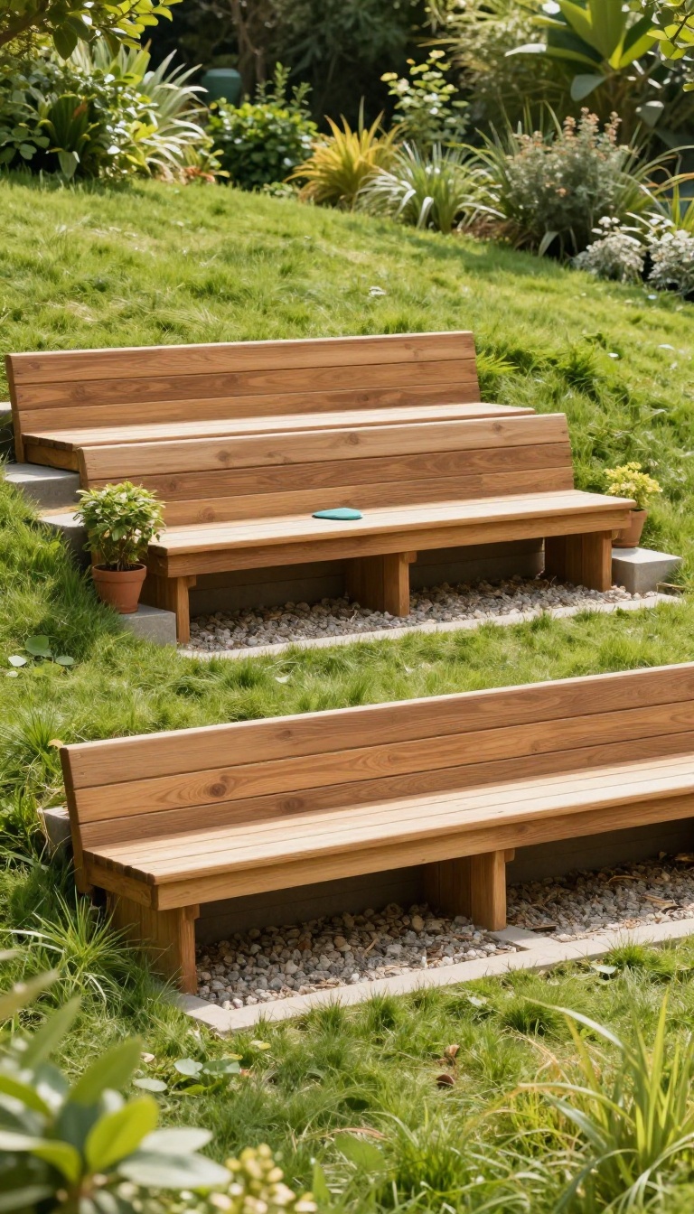 Tiered wooden bench seating built into a sloped backyard with colorful cushions and potted plants