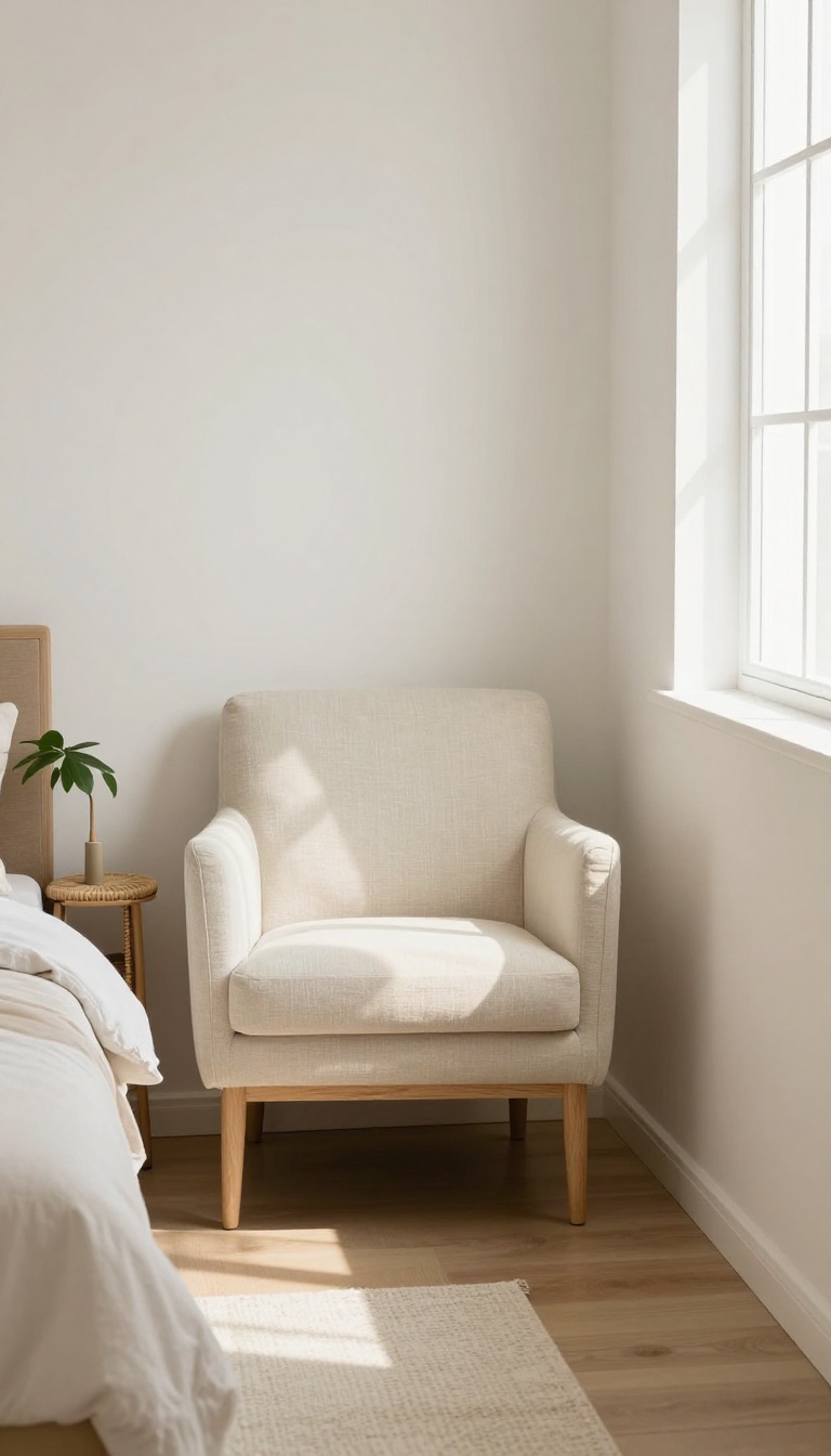 Narrow accent chair with tapered legs and pale linen upholstery tucked into the slim space between a bed and wall in a bright small bedroom
