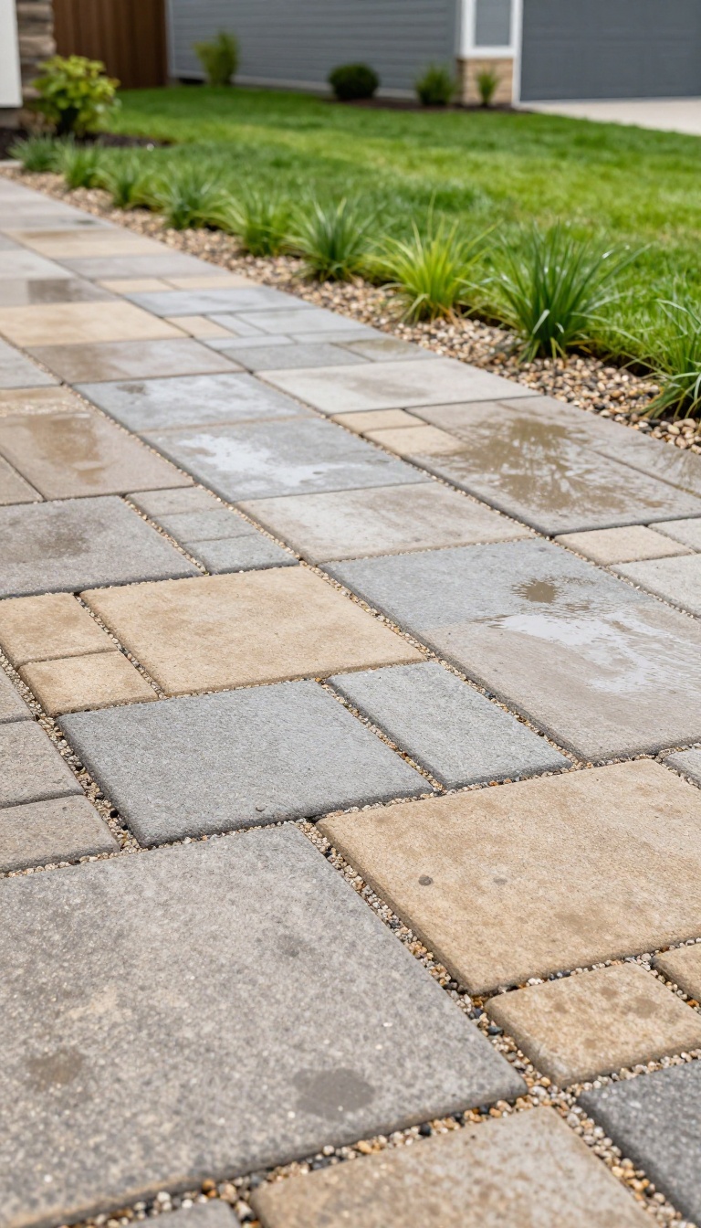 Permeable paver driveway with gravel-filled joints draining rainwater beside a low-maintenance gravel and grass border in a sunny backyard