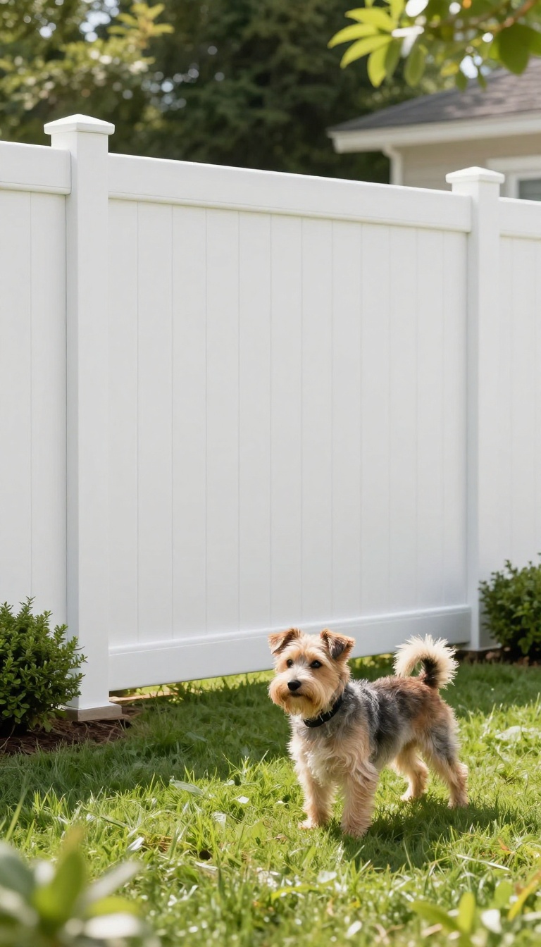 White no-gap vinyl privacy fence with a small dog in a sunny backyard
