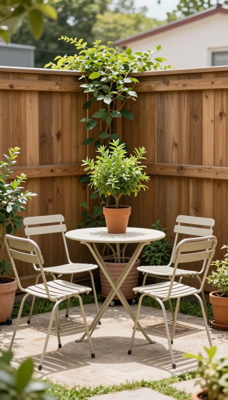 Small backyard patio arranged with lightweight movable chairs, a folding table, and a rolling planter for a flexible layout
