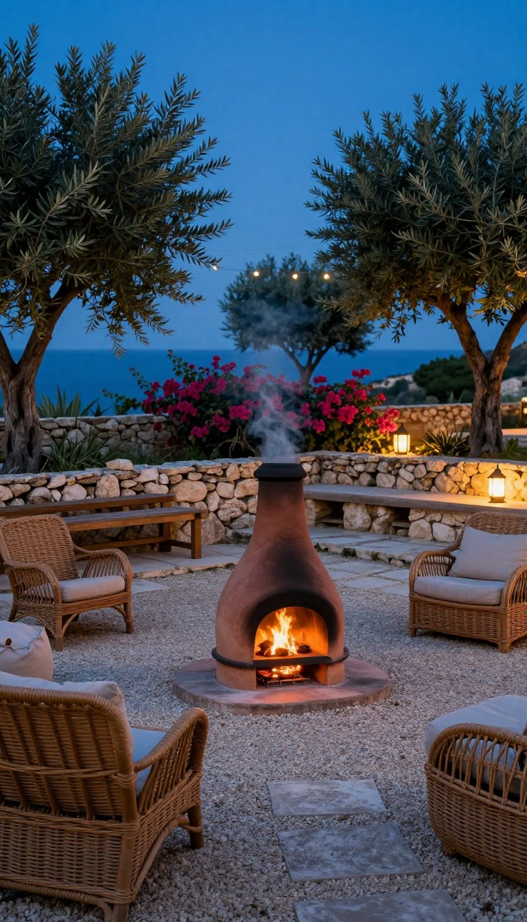 Rustic clay chiminea glowing at dusk in a Mediterranean coastal backyard with a circle of chairs on gravel and stone pavers