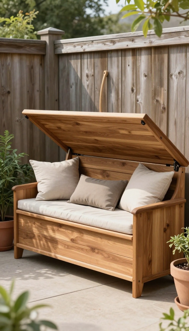 Slim DIY wooden storage bench with hinged lid built against a backyard fence, holding cushions and garden tools