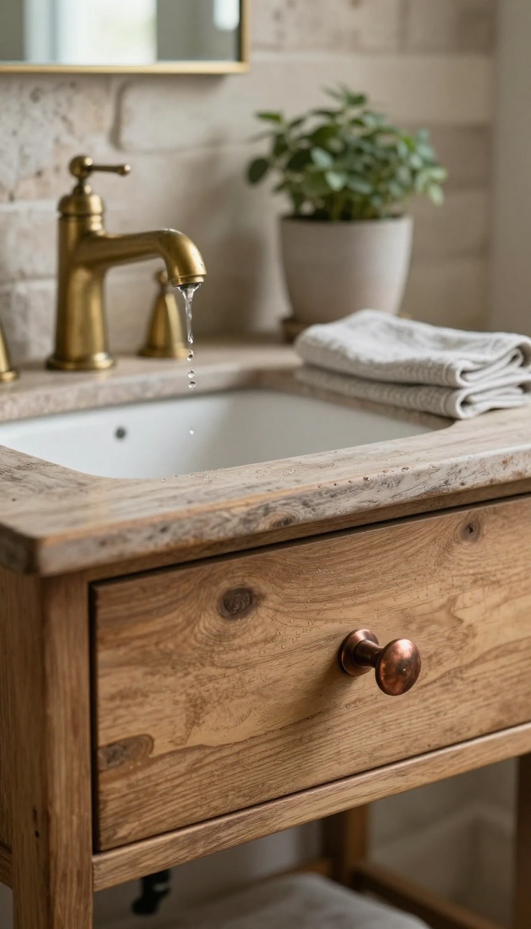 Close-up of a warm unlacquered brass faucet and copper cabinet pull on a rustic wood vanity in a bright small bathroom