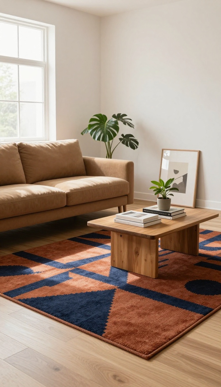 Tan sofa with a navy and terracotta patterned rug on a light wood floor in a bright living room