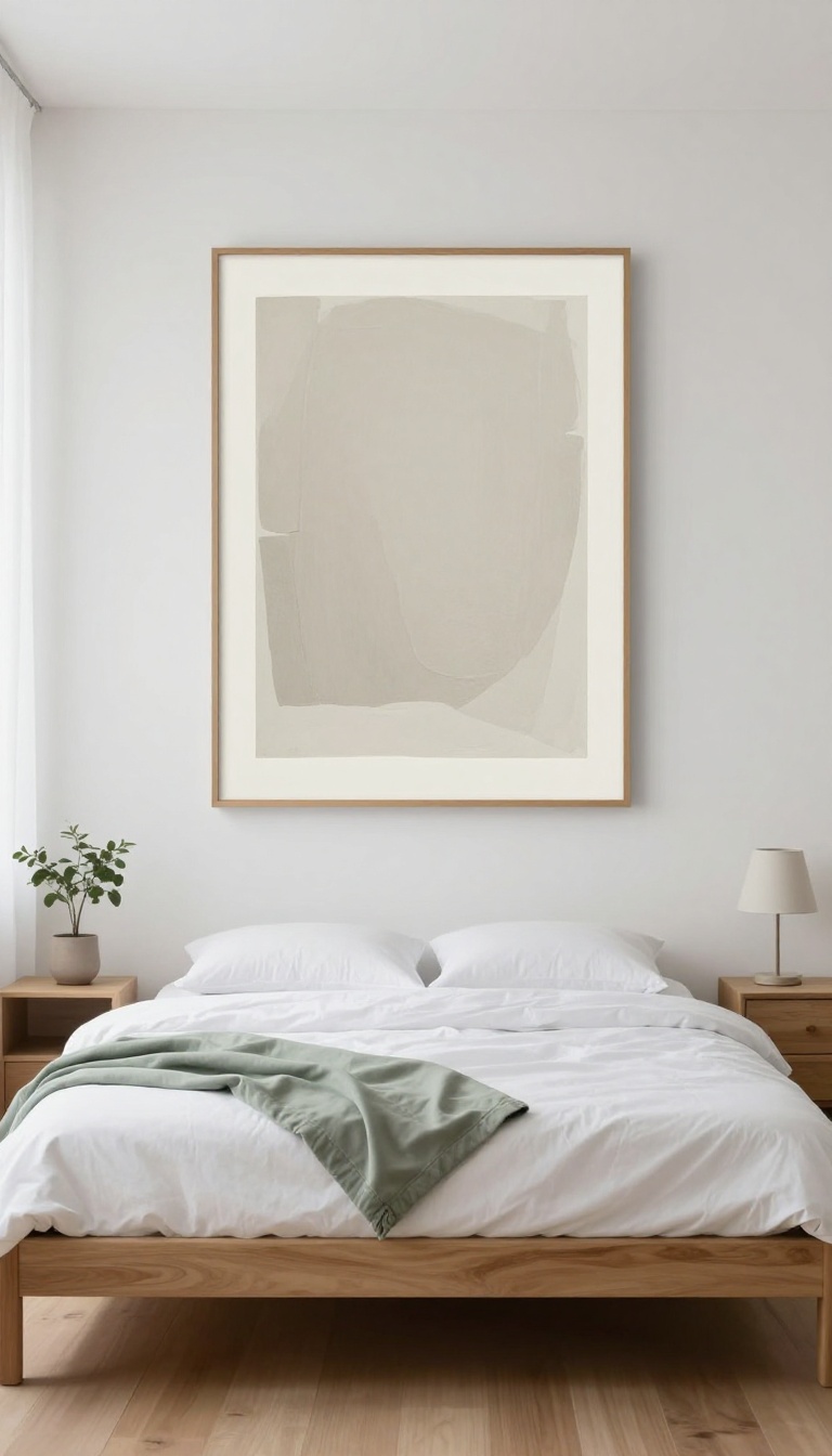 Minimalist small bedroom with one large framed print above a wooden dresser, white bedding, and bright natural light