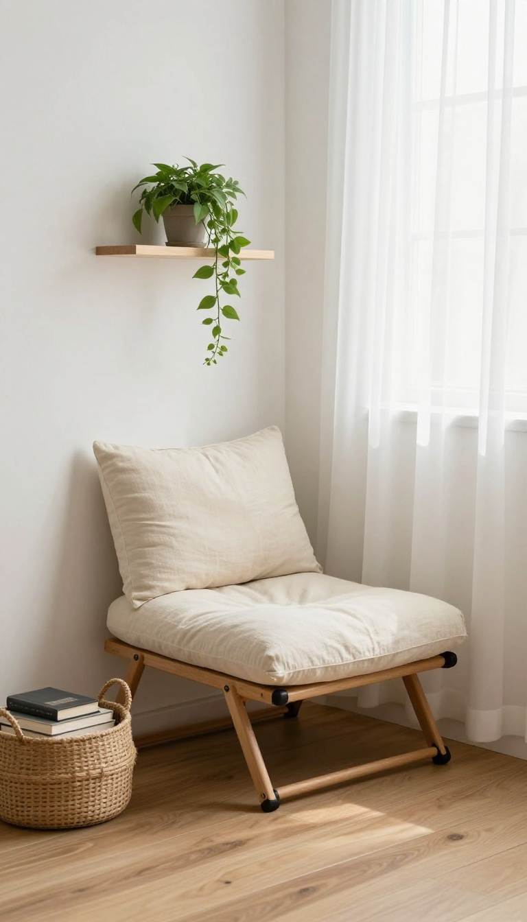 Wall-mounted folding seat in a small bright bedroom beside a window with open floor space underneath