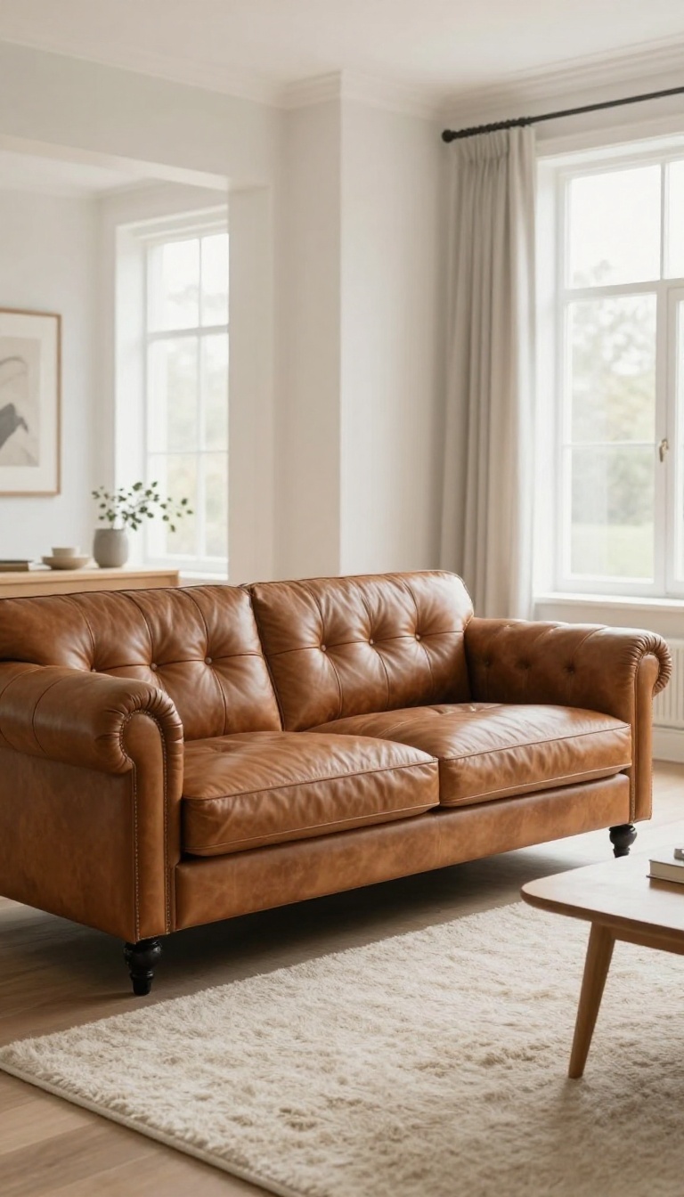 Chesterfield sofa with button tufting and rolled arms placed on a soft cream wool rug in a bright neutral living room